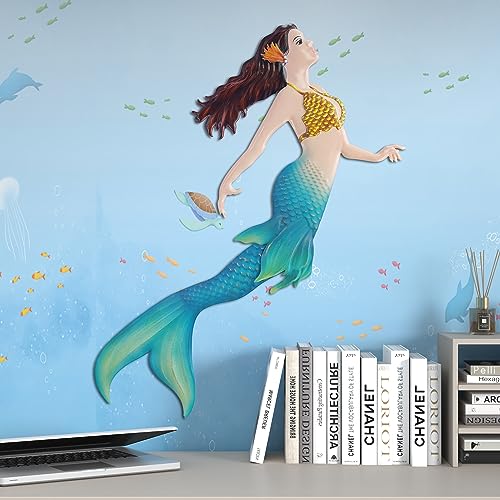Metal Mermaid Sea Wall Decor Outdoor Garden Hanging Art Sculptures Home Ocean Theme Decorations for Kitchen Bathroom and Pool