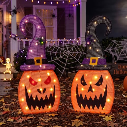 28" H Halloween 2D Lighted Pumpkin Yard Outdoor Decor Set of 2 (Pumpkin Set of 2)
