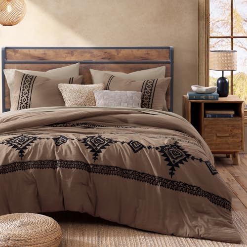Embroidery King Size Comforter Set 7 Pieces Brown Bed in a Bag
