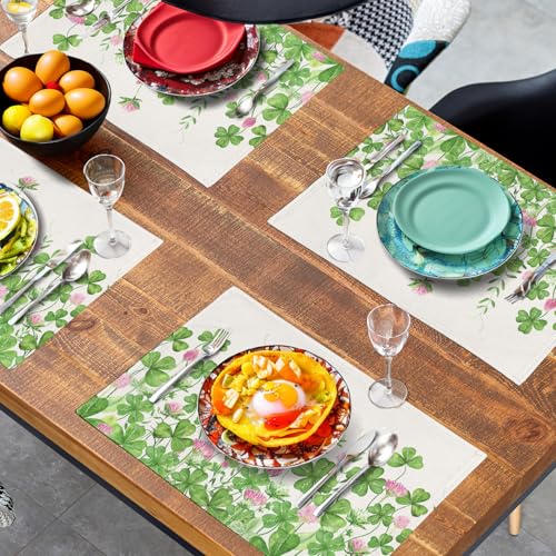 Shamrocks St. Patrick's Day Placemats Set of 4 Watercolor Lucky Clovers St Patrick's Day Table Mats Seasonal Spring Green Leaves Linen Place Mats for Party Kitchen Dining Outdoor Indoor Decor