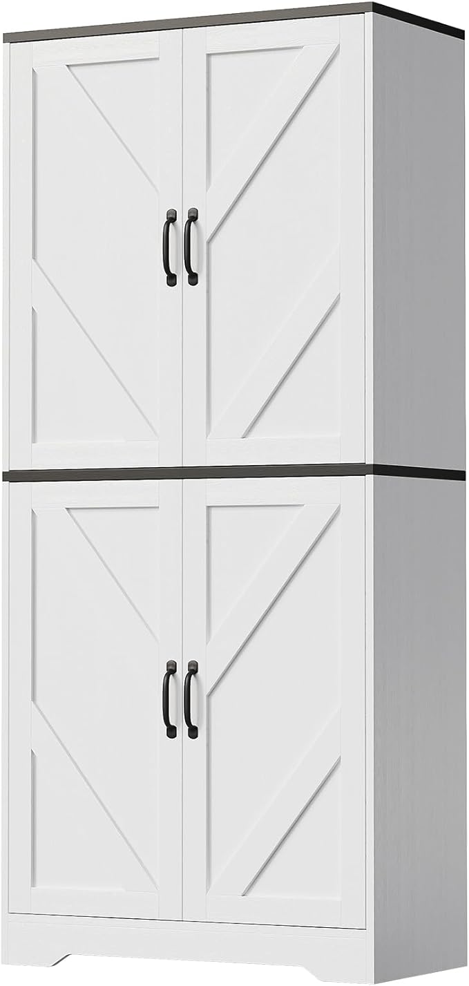 IDEALHOUSE 70" Kitchen Pantry Storage Cabinet, Farmhouse Kitchen Cabinet with 4 Doors & 3 Adjustable Shelves, Freestanding Cupboard for Dining Room,Living Room,White