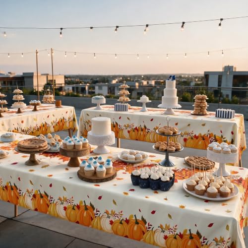 Fall Plastic Tablecloth 12 Packs Thanksgiving Disposable Table Cloth 54x108 Rectangle Table Cover with Pumpkin & Maple Leaf for Holiday Dinner Party Decorations Outdoor Picnic & Baby Showers