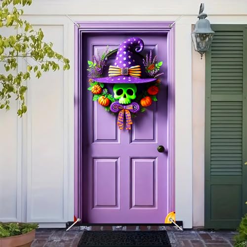 Halloween Door Banner Witch Hat Skull 35x71 Inch Polyester
