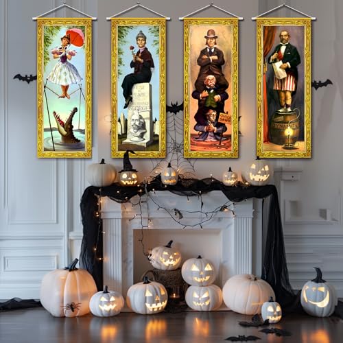 Halloween Decorations Large 4 PCS Haunted Mansion Stretching Portraits Vintage Vinyl Backdrop Decor Outdoor Horror Poster for Indoor Holiday Home Wall Art Wallpaper Hanging Porch Sign Banner Party (4 Count)