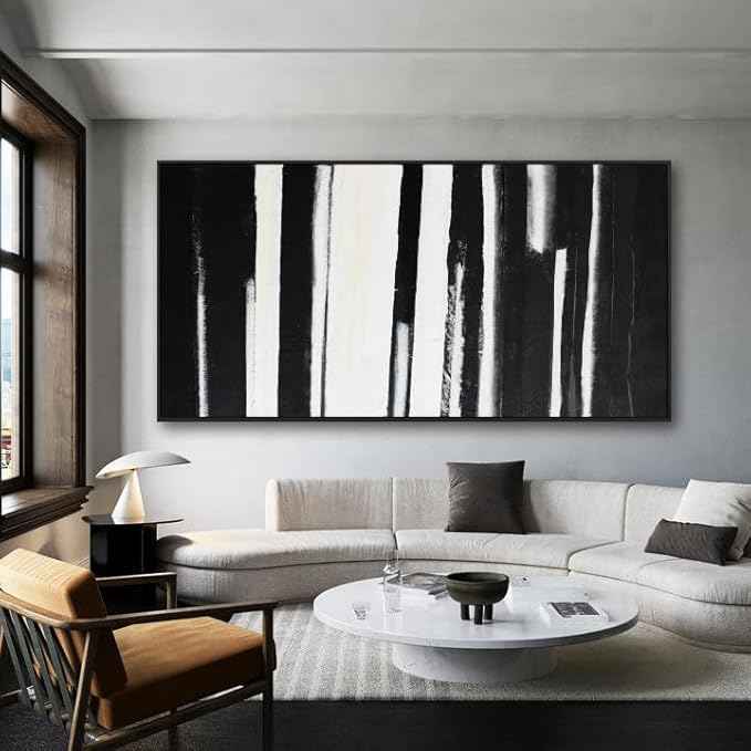 Framed Abstract Canvas Wall Art - Large Minimalist Stripes Black & White - Modern Wall Decor for Living Room, Bedroom, Kitchen & Office - 29"58"