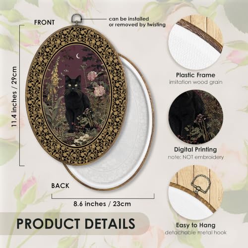 Vintage Black Cat Dark Floral Botanical Oval Wall Art Decor 9x12