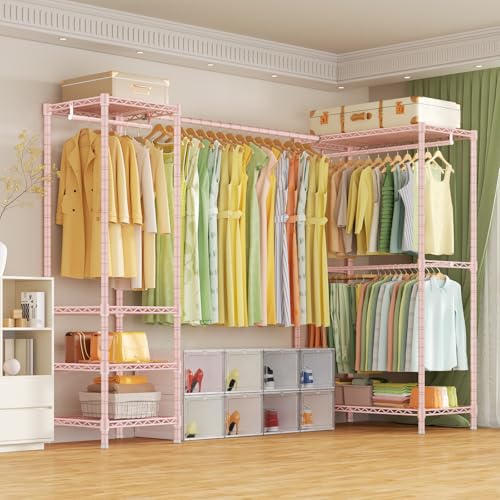 E10L L Shaped Clothes Rack for Corner(With Expandable Hanger Rod)Heavy Duty Freestanding Clothing Racks for Hanging Clothes