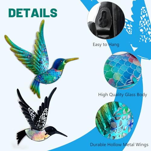 Metal Hummingbird Wall Art 12inch Metal Birds Wall Sculpture Garden Decoration Outdoor Statue Patio Fence Hanging Plaques 2 Pack(Multicolor) (2 Count)
