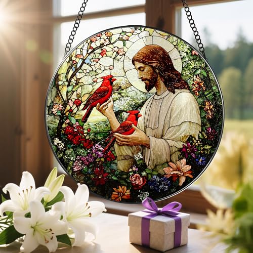 8 Inch Jesus with Cardinals Suncatcher Ornament