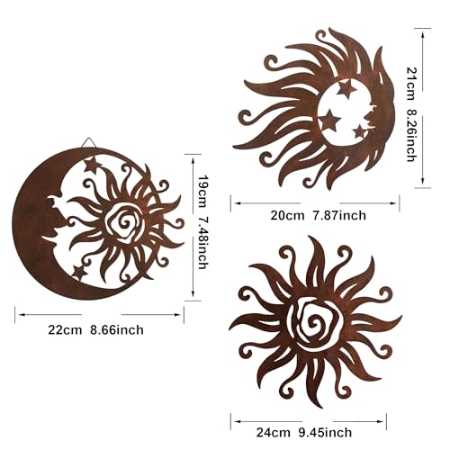 Set of 3 Rust Colored Sun Moon Metal Wall Art (3 Count)