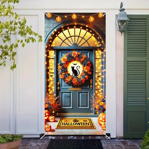 Halloween Door Cover Black Cat Rose 35x71 Inch Polyester