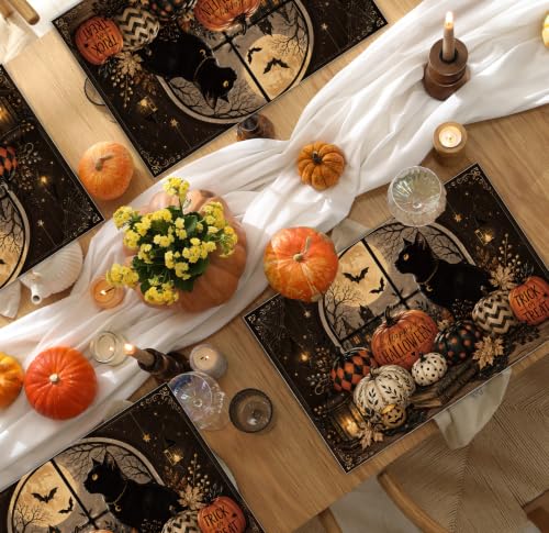 Halloween Placemats Set of 4 Black Cat Pumpkin Linen Table Mats 18x12 Inch (4 Count)
