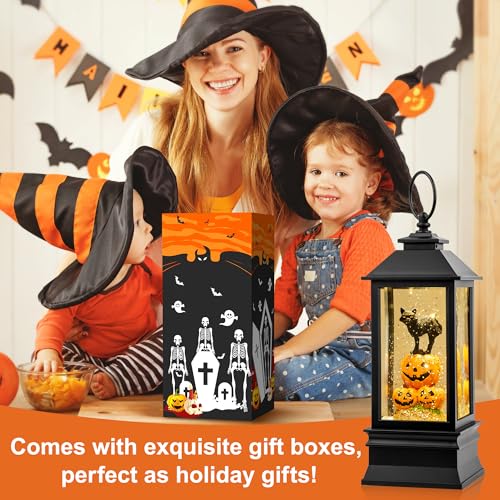 10'' Halloween Snow Globe Lantern Lighted Musical Water Lantern Spooky Pumpkin and Witch' s Black Cat Combo with Swirling Glitter