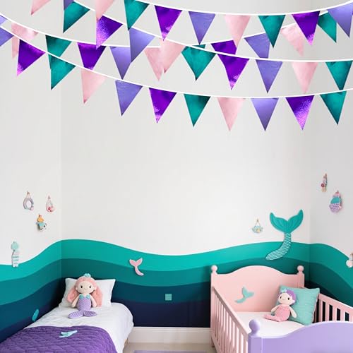 Mermaid Party Decorations Purple Pink and Teal Aqua Metallic Fabric Triangle Pennant Banner Flag Bunting Garland for Mermaid Under the Sea Birthday Wedding Baby Shower Engagement Party Supplies (32 Foot)