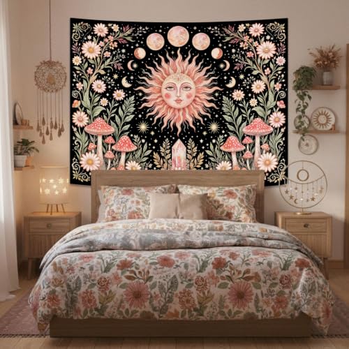Boho Pink Sun Moon Phase Daisy Flower Mushroom Tapestry 48 x 36 Inch