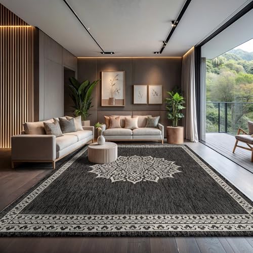 Outdoor Rug 9x12 Medallion Darkgray Modern Large Area Rugs for Indoor and Outdoor Patios Kitchen and Hallway Mats Washable Porch Deck Outside Carpet (108 Sq Ft)