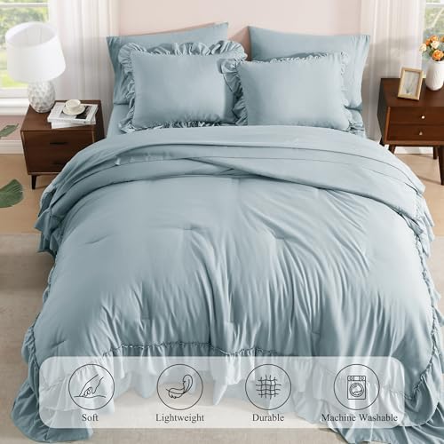 Queen Comforter Set Dusty Blue Ruffle 7 Pieces Farmhouse Bed in a Bag