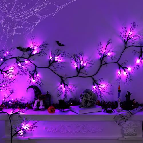 9 Ft 66 LED Willow Vine Twig Decor Black Halloween Garland with Purple Lights