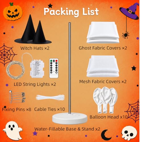 2 Pack Lighted Halloween Ghost Decorations with Witch Hats (Warm White)