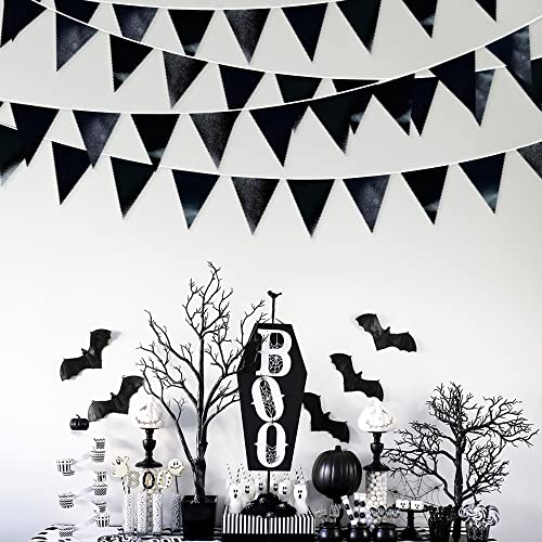 Black Party Decorations Triangle Pennant Banner Flag Black Metallic Fabric Bunting Garland for Graduation Birthday Wedding Engagement Bachelorette Holiday Halloween Celebration Hen Party Supplies (32 Foot)
