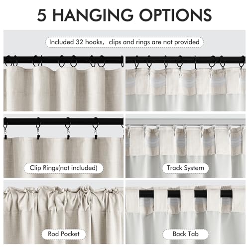 100% Blackout Back Tab Pleat Linen Curtains 50" Wx72 L (2 Count)