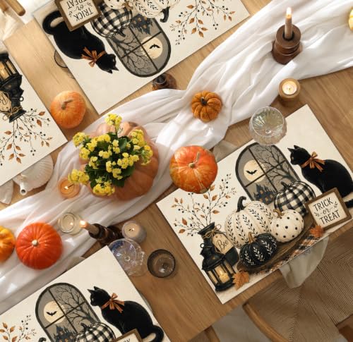 Halloween Placemats Set of 4 Black Cat Pumpkin Linen Mats Farmhouse 18x12 (4 Count)