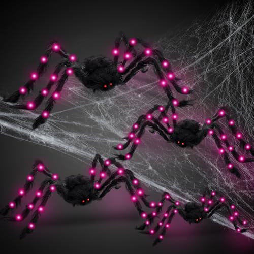 4 Pack Large Halloween Light up Spiders Decorations 4ft 2.9ft 2.4ft 2ft Black Fake Giant Light up Spider Bendable Outdoor Yard for Halloween Garden Party Decor (Pink)