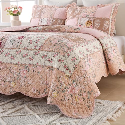 Quilts California King Patchwork Pink Floral Quilt Set Vintage Shabby Chic Botanical Quilted Bedspread 3