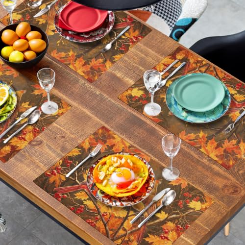 Maple Leaf Birds Fall Placemats Set of 4 Rustic Autumn Colored Maple Forest Tree Place Mat Seasonal Thanksgiving Harvest Table Mats for Party Kitchen Dining Outdoor Indoor Decor (4 Count)