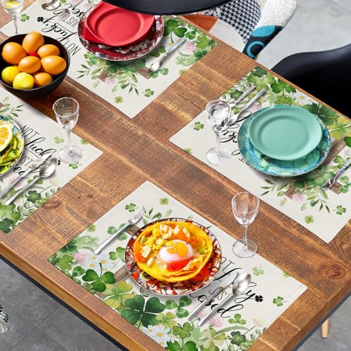 St Patricks Placemats Set of 4 St. Patrick's Day Cross Shamrocks Clover Linen Table Mats 12x18 Inch Spring Heat Resistant Washable Place Mat for Kitchen Dining Home Party Decor (4 Count)
