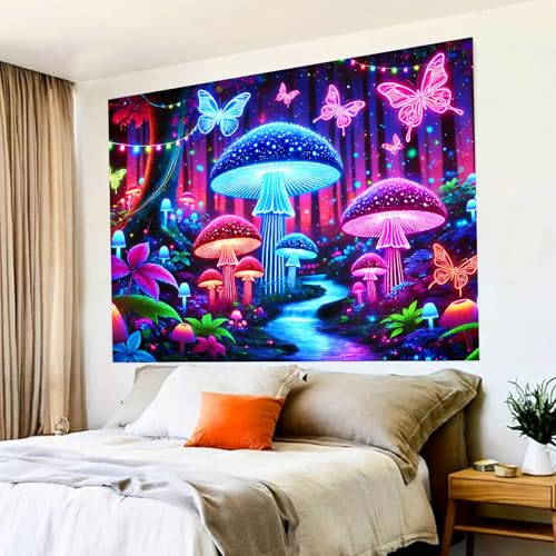 Blacklight Tapestry Butterfly Mushroom Wall Art 78 x 59 Inch