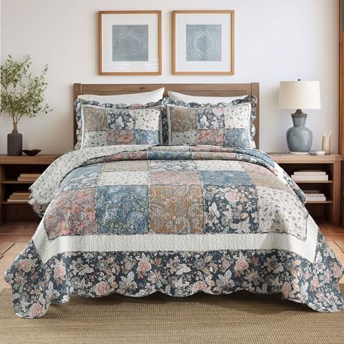 3 Piece Quilt Set King Size Quilted Bedspread Reversible Country Style Blue Floral Paisley Real Patchwork Bedding Quilt Set with Ruffles with Pillowcases for All Seasons