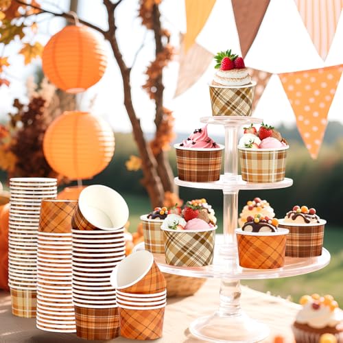 120 PCS Fall Paper Cups 12 oz Thanksgiving Orange Brown Gingham Snack Bowls Disposable 4 Colors Dessert Cups for Fall Thanksgiving Holiday Harvest Party Snacks Dessert Candies Party Supplies (12 Count)