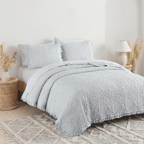 Light Blue Ruffled Quilt King Size
