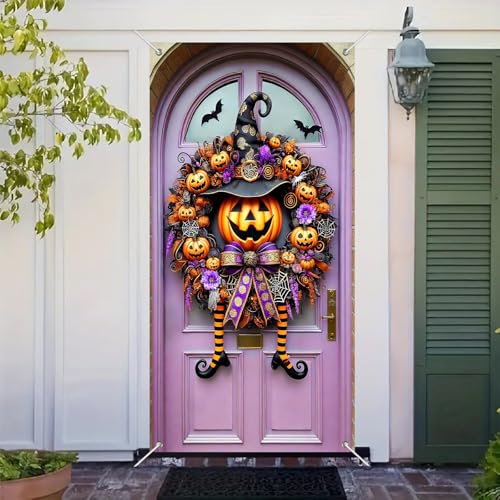 Halloween Witch Hat Pumpkin Door Cover 35x71 Inch Polyester