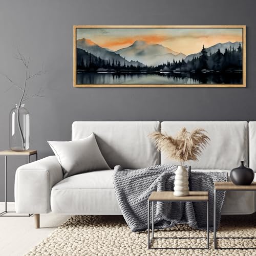 Large Framed Canvas Print Wall Art Sunset Mountain Range and Lake Panoramic Antique Retro Fine Art Illustrations Decorative Colorful for Bedroom