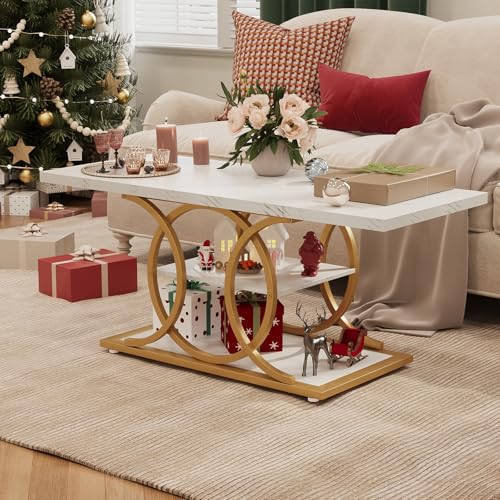 Rustic Coffee Table with Storage Modern 3 Tier Center Living Room Table Faux Marble Wooden Rectangle Cocktail Tea Table for Office Bedroom Elegant Full Moon Design