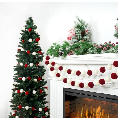 3pk Red Pom Pom Garland 20FT Colorful Large Felt Ball Garland for Mantle (60 Foot)