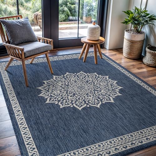 Outdoor Rug 6x9 Medallion Blue Modern Area Rugs for Indoor and Outdoor Patios Kitchen and Hallway Mats Washable Porch Deck Outside Carpet (60 Sq Ft)