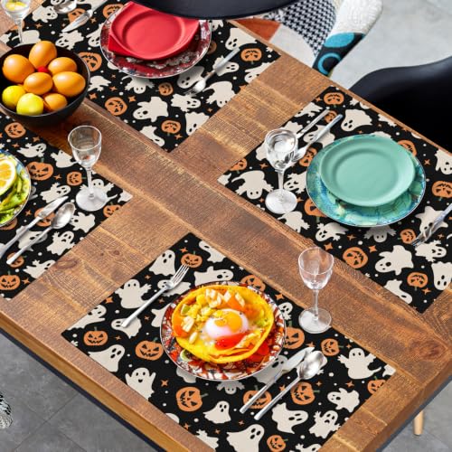 Halloween Placemats Set of 4 12x18 Inch Cute Ghost Pumpkin Table Mats Orange and Black Spooky Rustic Farmhouse Place Mat for Party Kitchen Dining Fall Decor (4 Count)
