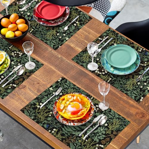 Black Sage Green Leaves Placemats Set of 4 Vintage Botanical Fern Leaf Floral Place Mats Farmhouse Heat Resistant Washable Kitchen Dining Linen Table Mats for Home Party Decor 12x18 Inch (4 Count)