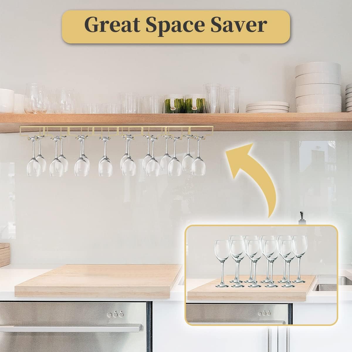 Xverycan Wine Glass Rack Under Cabinet, 8 Row Extreme Large Stemware Hanger, Metal Wine Goblet Holder, DIY Bar Glass Storage Rack for Bar Counter, Kitchen, Screws Included (Gold)