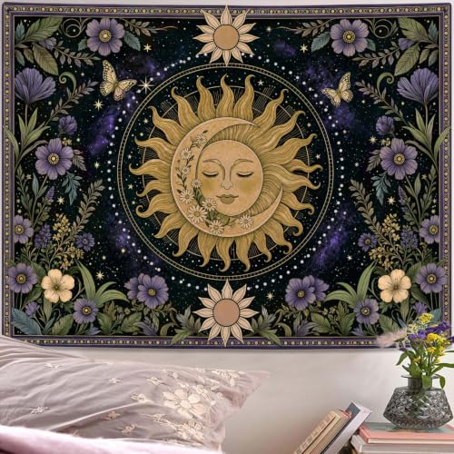 Boho Vintage Sun and Moon Hippie Purple Floral Tapestry 48 x 36 Inch