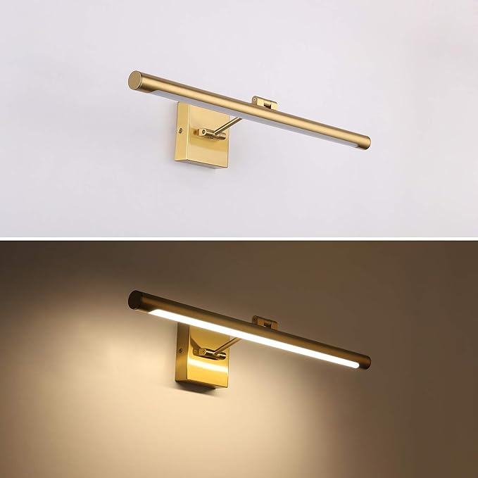 LED Picture Light Fixtures 24.4 Inches, Full Metal Artwork Wall Lamp with Single Swing Arm, 14W (70W Eqv.), Hardwired Connection, Non-Dimmable, 3000K Warm White, CRI80+, Golden-Like Brass Finish