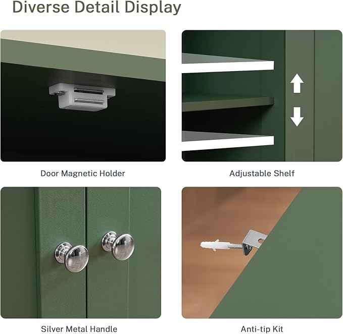 Iwell 58" H Tall Bathroom Storage Cabinet with 2 Drawers & 2 Adjustable Shelves, Bathroom Cabinet with 4 Doors, Tall Cabinet for Living Room, Dining Room, Entryway, Forest Green