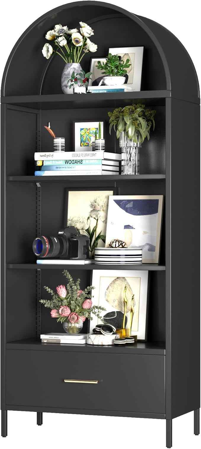 Metal Arched Bookcase Cabinet with 2 Adjustable Shelf, Black Arched Bookshelf with Drawer for Home Office Living Room,Required Assembly