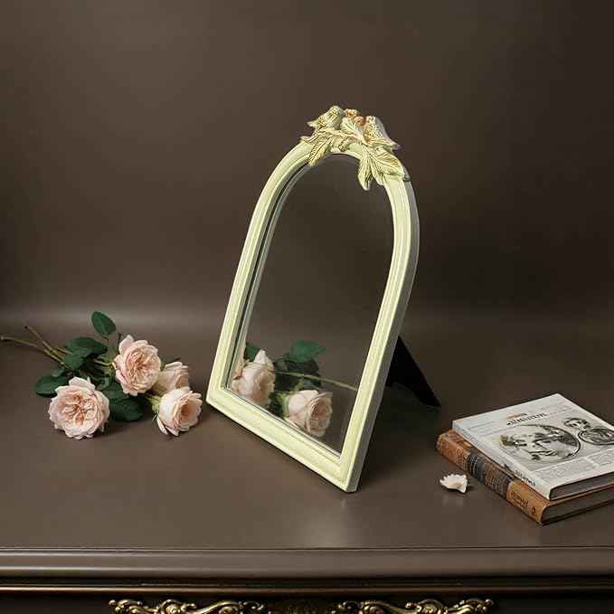 Cream Bird Bow Mirror - 13x10 Inch Perfect Elegant Decorative Accent, Wall-Mounted Tabletop Makeup Mirror for Nursery Baby Room Bedroom Decor