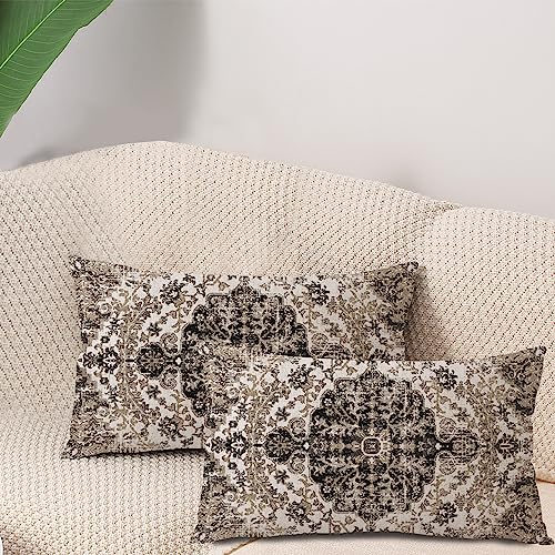 Waterproof Throw Pillow Covers 12X20 Inch Set of 2 Bohemian Vintage Carpet Pattern Black Grey Ethnic Design Decorative Farmhouse for Couch Garden Balcony (7.5 Count)