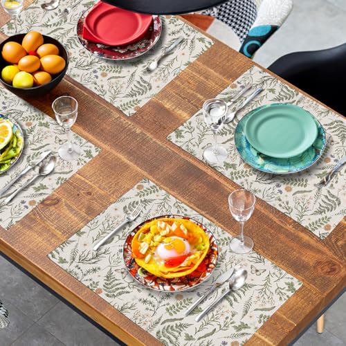 Sage Green Wild Flower Spring Summer Placemats Set of 4 Seasonal Wildflower Plants Herbs Linen Table Mats 12x18 Inch Vintage Floral Place Mats for Farmhouse Kitchen Dining Decoration (4 Count)