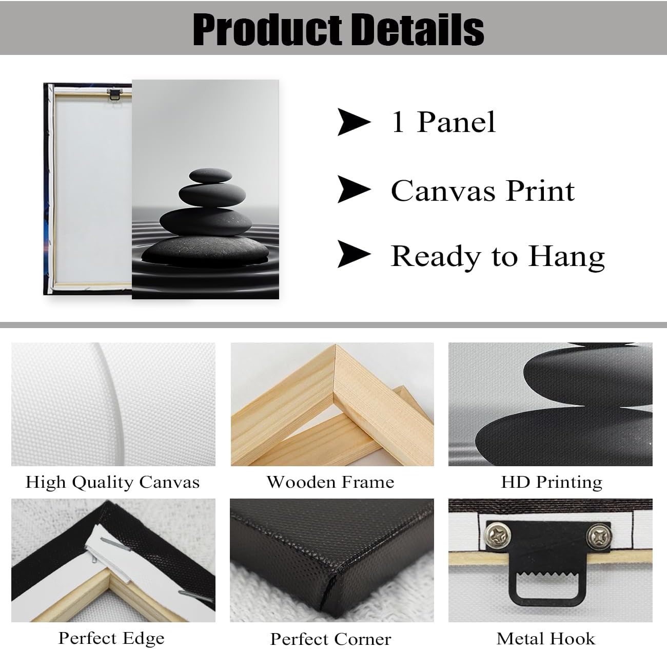 DOARTDO Zen Stone Canvas Wall Art Black and White Spa Stones Picture Print Modern Meditation Spirit Bathroom Decor Frame (24.00" x 36.00", Zen Stone - 1)